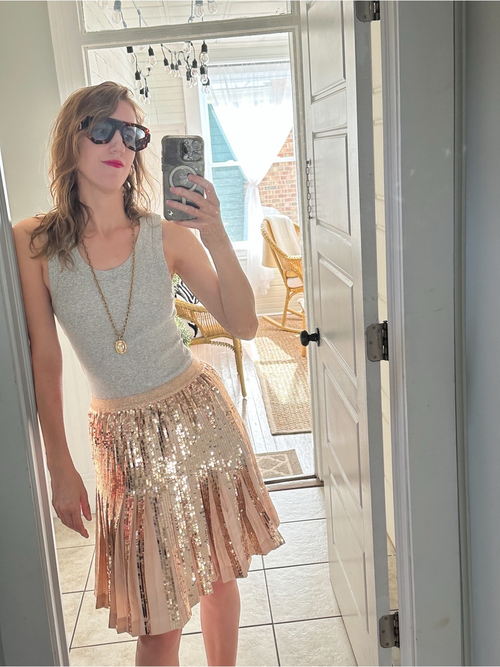 Sequin Pleated Skirt - Rose Gold